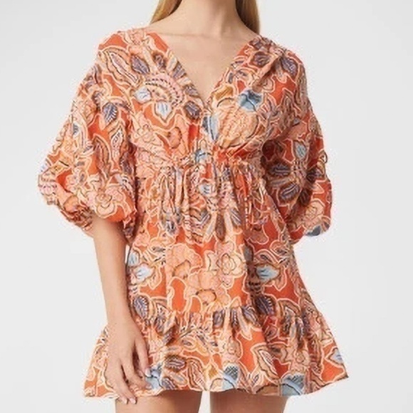 Misa Los Angeles "Sari" Balloon-Sleeve Floral Cotton Mini Dress | L | Nwt